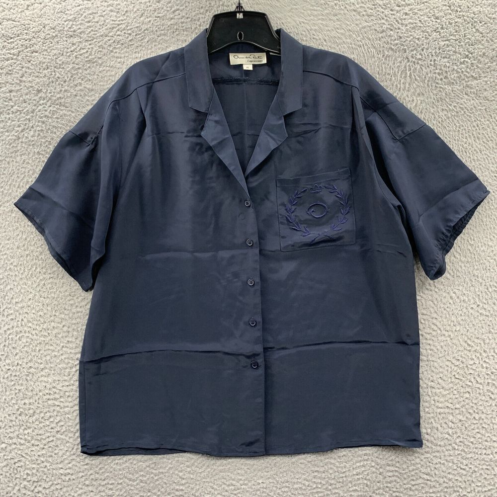 OSCAR DE LA RENTA Shirt Womens Size 14 Button Up Blouse Top Floral Blue*